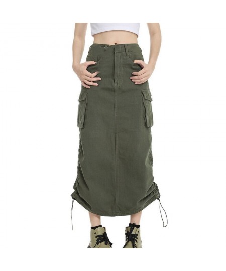 Women Cargo Skirt Summer Clothes 2023 Retro Drawstring Half Dress Long Side Pockets Solid Color Skirt y2k Streetwear $30.07 -...