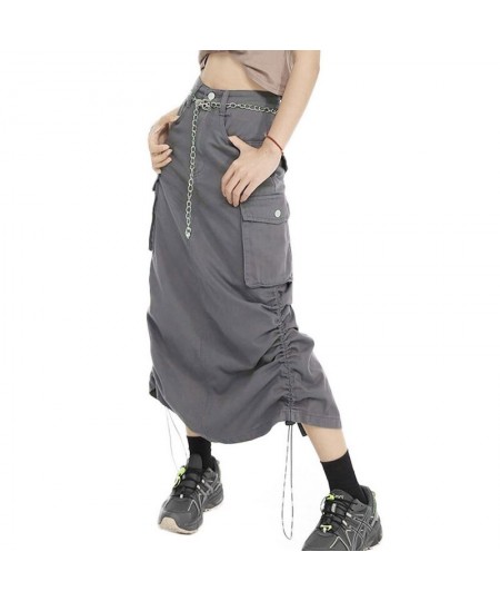 Women Cargo Skirt Summer Clothes 2023 Retro Drawstring Half Dress Long Side Pockets Solid Color Skirt y2k Streetwear $30.07 -...