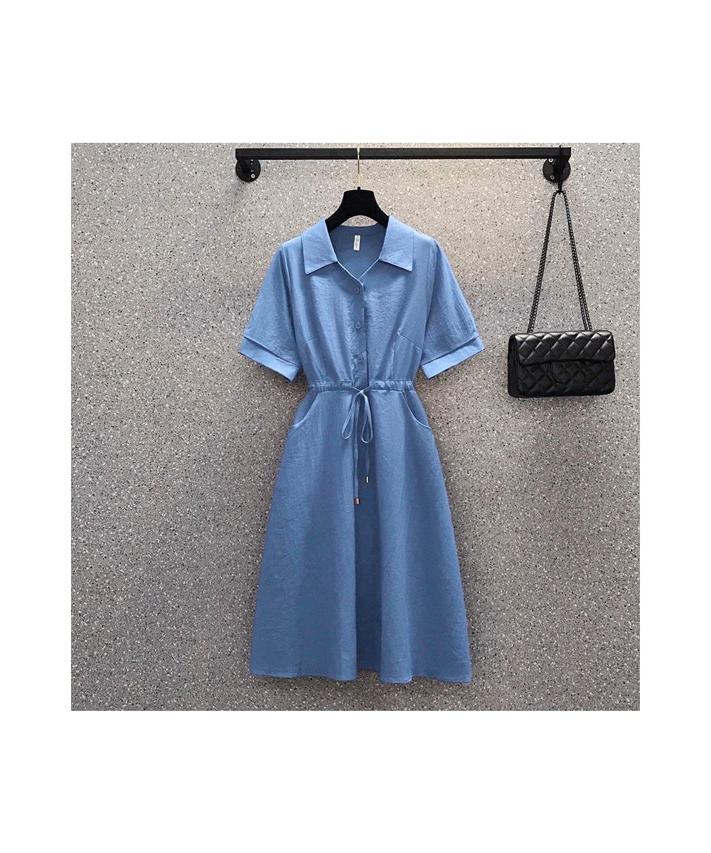 Summer KPOP Elegant High Waist Comfortable Solid Dress Women Temperament Pleated Short Sleeve Robe Femme Blue Female Clothes ...