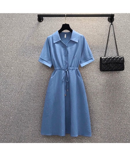 Summer KPOP Elegant High Waist Comfortable Solid Dress Women Temperament Pleated Short Sleeve Robe Femme Blue Female Clothes ...