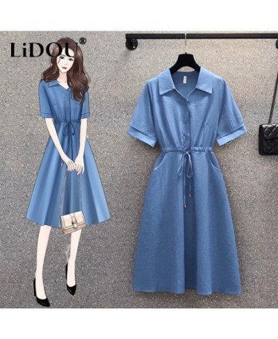 Summer KPOP Elegant High Waist Comfortable Solid Dress Women Temperament Pleated Short Sleeve Robe Femme Blue Female Clothes ...