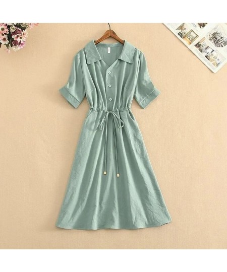 Summer KPOP Elegant High Waist Comfortable Solid Dress Women Temperament Pleated Short Sleeve Robe Femme Blue Female Clothes ...