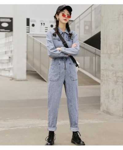 Fashion Streetwear Long Sleeve Denim Overalls Women Elastic High Waist Tunic Bodycon Rompers Zipper Big Pockets Jeans Jumpsui...