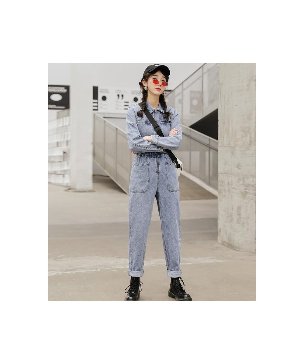 Fashion Streetwear Long Sleeve Denim Overalls Women Elastic High Waist Tunic Bodycon Rompers Zipper Big Pockets Jeans Jumpsui...