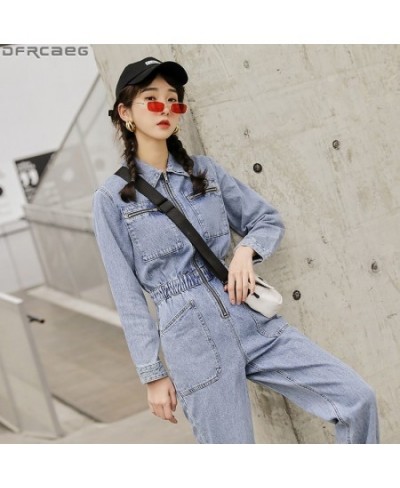 Fashion Streetwear Long Sleeve Denim Overalls Women Elastic High Waist Tunic Bodycon Rompers Zipper Big Pockets Jeans Jumpsui...