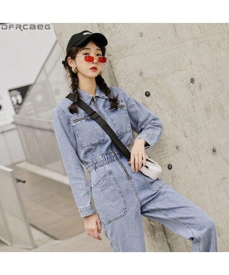 Fashion Streetwear Long Sleeve Denim Overalls Women Elastic High Waist Tunic Bodycon Rompers Zipper Big Pockets Jeans Jumpsui...