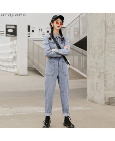 Fashion Streetwear Long Sleeve Denim Overalls Women Elastic High Waist Tunic Bodycon Rompers Zipper Big Pockets Jeans Jumpsui...