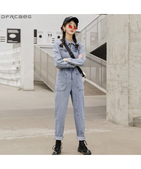 Fashion Streetwear Long Sleeve Denim Overalls Women Elastic High Waist Tunic Bodycon Rompers Zipper Big Pockets Jeans Jumpsui...