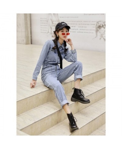 Fashion Streetwear Long Sleeve Denim Overalls Women Elastic High Waist Tunic Bodycon Rompers Zipper Big Pockets Jeans Jumpsui...