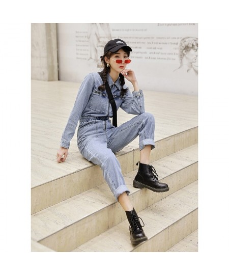 Fashion Streetwear Long Sleeve Denim Overalls Women Elastic High Waist Tunic Bodycon Rompers Zipper Big Pockets Jeans Jumpsui...