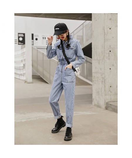 Fashion Streetwear Long Sleeve Denim Overalls Women Elastic High Waist Tunic Bodycon Rompers Zipper Big Pockets Jeans Jumpsui...