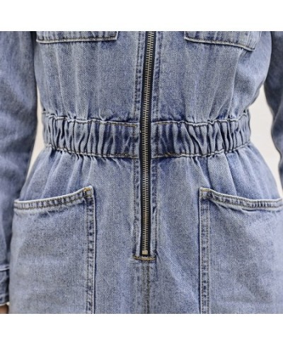 Fashion Streetwear Long Sleeve Denim Overalls Women Elastic High Waist Tunic Bodycon Rompers Zipper Big Pockets Jeans Jumpsui...