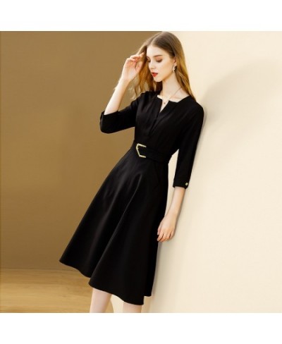 Black Elegant Dress Women 2022 Autumn New Solid V-neck All-match Dresses With Belt A-line Office Lady Vestidos $66.71 - Dresses