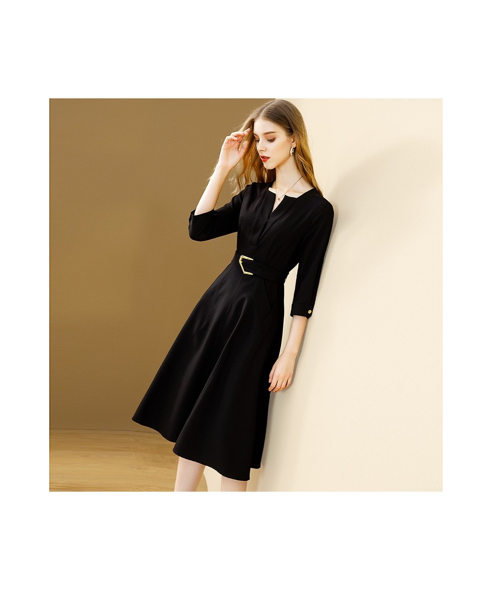 Black Elegant Dress Women 2022 Autumn New Solid V-neck All-match Dresses With Belt A-line Office Lady Vestidos $66.71 - Dresses