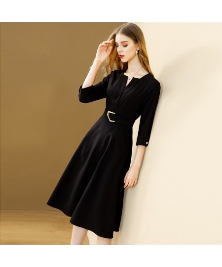 Black Elegant Dress Women 2022 Autumn New Solid V-neck All-match Dresses With Belt A-line Office Lady Vestidos $66.71 - Dresses