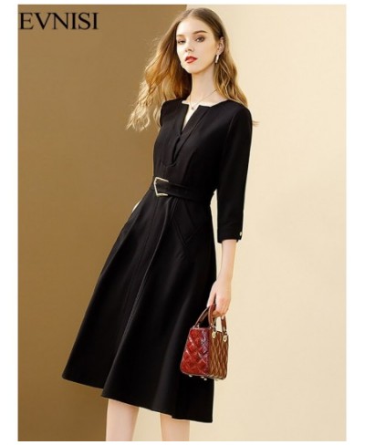 Black Elegant Dress Women 2022 Autumn New Solid V-neck All-match Dresses With Belt A-line Office Lady Vestidos $66.71 - Dresses