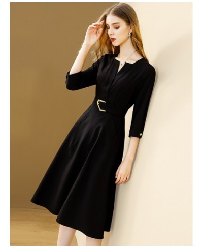 Black Elegant Dress Women 2022 Autumn New Solid V-neck All-match Dresses With Belt A-line Office Lady Vestidos $66.71 - Dresses