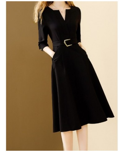 Black Elegant Dress Women 2022 Autumn New Solid V-neck All-match Dresses With Belt A-line Office Lady Vestidos $66.71 - Dresses