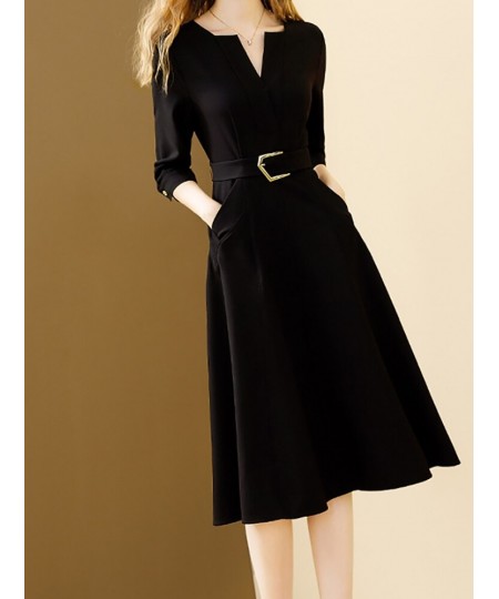 Black Elegant Dress Women 2022 Autumn New Solid V-neck All-match Dresses With Belt A-line Office Lady Vestidos $66.71 - Dresses