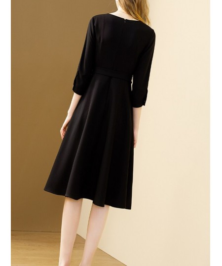 Black Elegant Dress Women 2022 Autumn New Solid V-neck All-match Dresses With Belt A-line Office Lady Vestidos $66.71 - Dresses