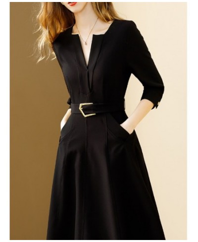 Black Elegant Dress Women 2022 Autumn New Solid V-neck All-match Dresses With Belt A-line Office Lady Vestidos $66.71 - Dresses