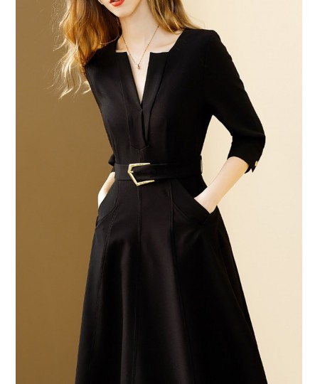 Black Elegant Dress Women 2022 Autumn New Solid V-neck All-match Dresses With Belt A-line Office Lady Vestidos $66.71 - Dresses