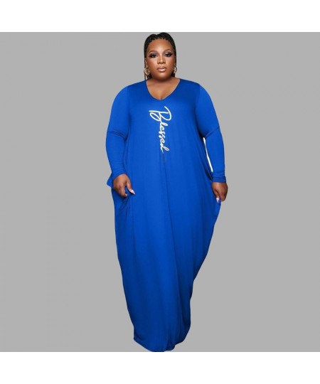 Elegant Plus Size Dresses for Women 4xl 5xl Printing V Neck Long Sleeve Pocket Side Pleated Stretch Loose Maxi Dresses $43.02...