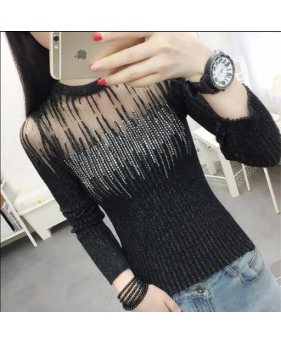 Fashion Mesh Knitted Top Women Hot Drill Sweater Autumn Bottoming Pullover O-neck Long-sleeve Shiny Tassel Knit Female Sweate...