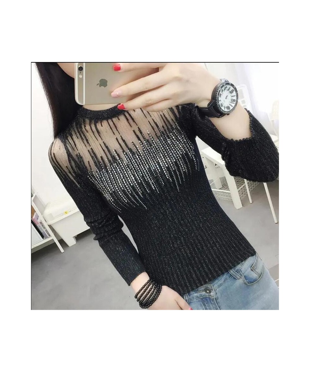 Fashion Mesh Knitted Top Women Hot Drill Sweater Autumn Bottoming Pullover O-neck Long-sleeve Shiny Tassel Knit Female Sweate...