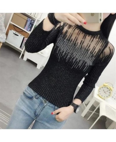 Fashion Mesh Knitted Top Women Hot Drill Sweater Autumn Bottoming Pullover O-neck Long-sleeve Shiny Tassel Knit Female Sweate...