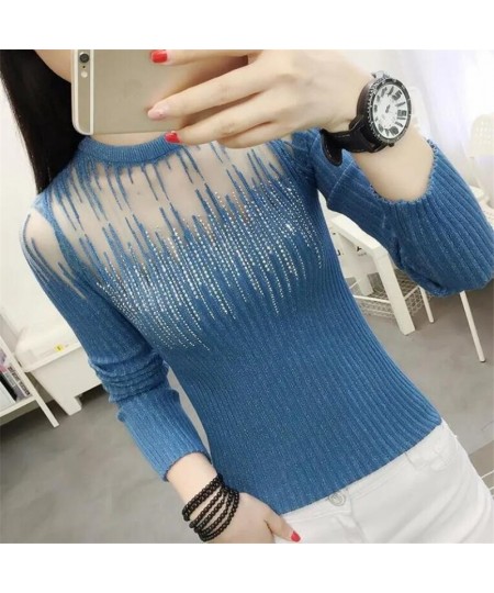 Fashion Mesh Knitted Top Women Hot Drill Sweater Autumn Bottoming Pullover O-neck Long-sleeve Shiny Tassel Knit Female Sweate...