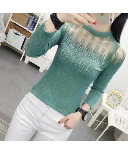 Fashion Mesh Knitted Top Women Hot Drill Sweater Autumn Bottoming Pullover O-neck Long-sleeve Shiny Tassel Knit Female Sweate...