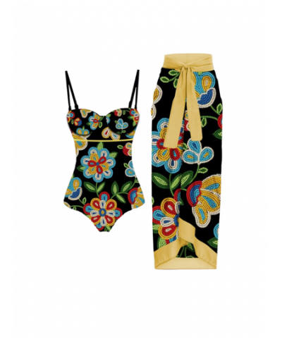 Vintage Black and Yellow Patchwork Bikini Sets Swimsuit & Skirt Women Sexy Slim One Piece Push-Up Swimwear Beach Bathing Suit...