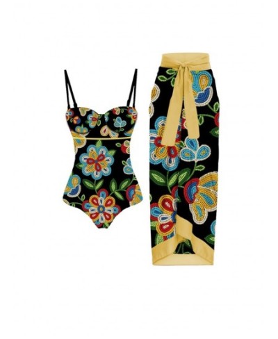 Vintage Black and Yellow Patchwork Bikini Sets Swimsuit & Skirt Women Sexy Slim One Piece Push-Up Swimwear Beach Bathing Suit...