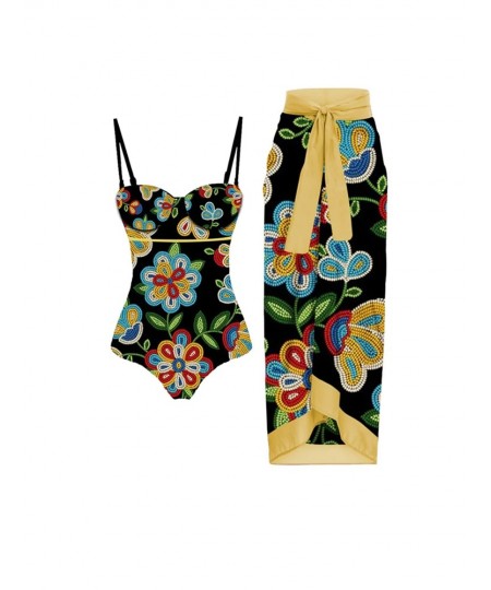 Vintage Black and Yellow Patchwork Bikini Sets Swimsuit & Skirt Women Sexy Slim One Piece Push-Up Swimwear Beach Bathing Suit...