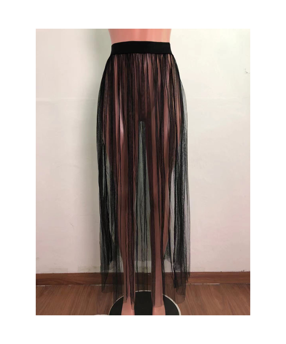 Sheer Mesh Solid See Through Pleated Maxi Skirt Women Summer High Waist Holiday Beachwear Skirts Fashion Vacation Party Dress...