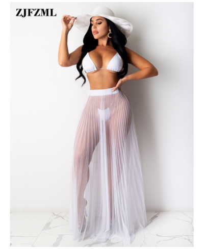 Sheer Mesh Solid See Through Pleated Maxi Skirt Women Summer High Waist Holiday Beachwear Skirts Fashion Vacation Party Dress...