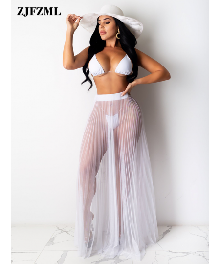 Sheer Mesh Solid See Through Pleated Maxi Skirt Women Summer High Waist Holiday Beachwear Skirts Fashion Vacation Party Dress...