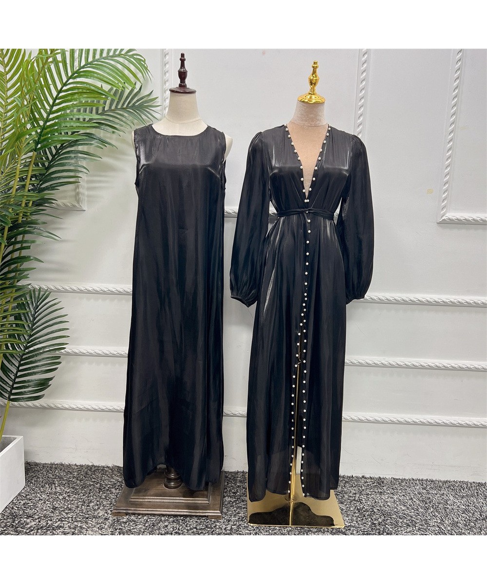 Abaya Muslim Dubai Silky 2 Piece Set Beading Puff Sleeves Kimono+Sleeveless Dress Saudi Robe Turkish Women Outfits Ramadan Ei...