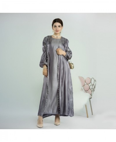 Abaya Muslim Dubai Silky 2 Piece Set Beading Puff Sleeves Kimono+Sleeveless Dress Saudi Robe Turkish Women Outfits Ramadan Ei...