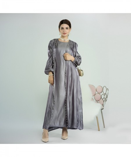 Abaya Muslim Dubai Silky 2 Piece Set Beading Puff Sleeves Kimono+Sleeveless Dress Saudi Robe Turkish Women Outfits Ramadan Ei...