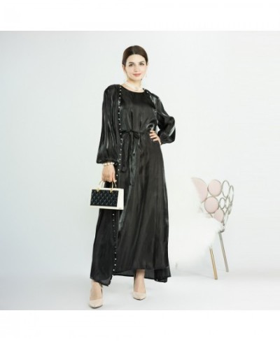 Abaya Muslim Dubai Silky 2 Piece Set Beading Puff Sleeves Kimono+Sleeveless Dress Saudi Robe Turkish Women Outfits Ramadan Ei...