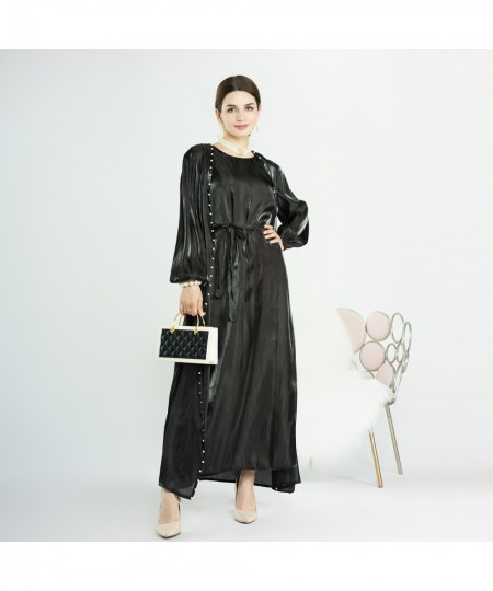 Abaya Muslim Dubai Silky 2 Piece Set Beading Puff Sleeves Kimono+Sleeveless Dress Saudi Robe Turkish Women Outfits Ramadan Ei...