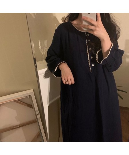 spring loose 100% cotton simple lace side nightdress buttons nightgown long dress women sweet home clothes nightwear femme L2...