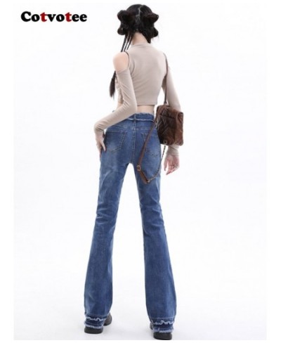 Blue Jeans for Women 2023 New Fashion Vintage Burr High Waisted Jeans Streetwear Slim Straight Flare Jeans Full Length $47.48...