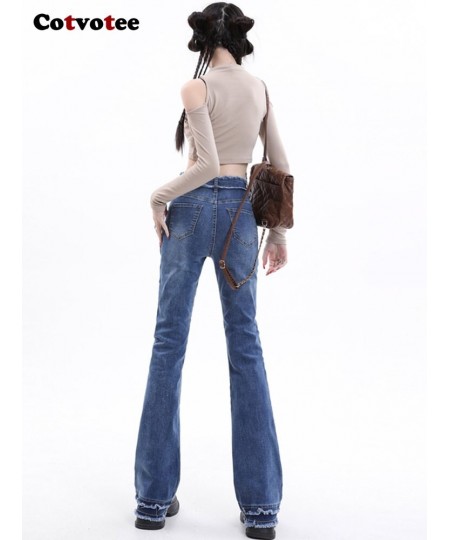 Blue Jeans for Women 2023 New Fashion Vintage Burr High Waisted Jeans Streetwear Slim Straight Flare Jeans Full Length $47.48...