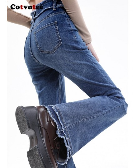 Blue Jeans for Women 2023 New Fashion Vintage Burr High Waisted Jeans Streetwear Slim Straight Flare Jeans Full Length $47.48...