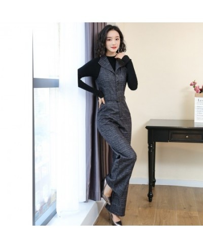 Women Jumpsuits Woolen Winter One Piece Jumpsuits Wide Leg Pants Lady Rompers Turn-down Neck Plaid Belted Loose Woman Overall...