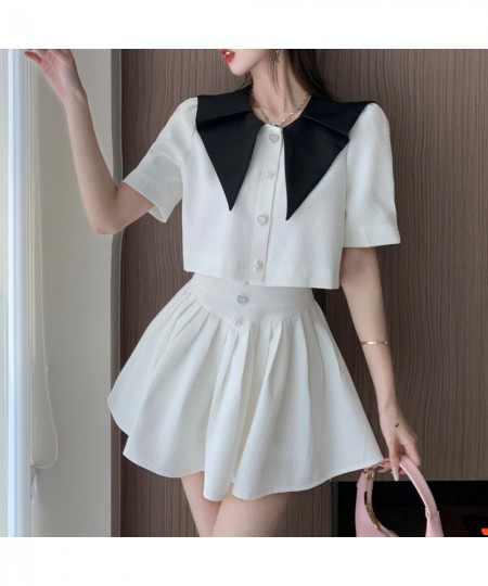 Summer Small Fragrance Vintage Two Piece Set Women Crop Top Lapel Short Sleeve Jacket Coat + Mini Skirts Sets Sweet 2 Piece $...