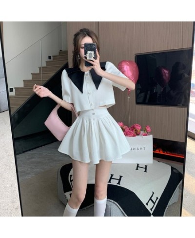 Summer Small Fragrance Vintage Two Piece Set Women Crop Top Lapel Short Sleeve Jacket Coat + Mini Skirts Sets Sweet 2 Piece $...